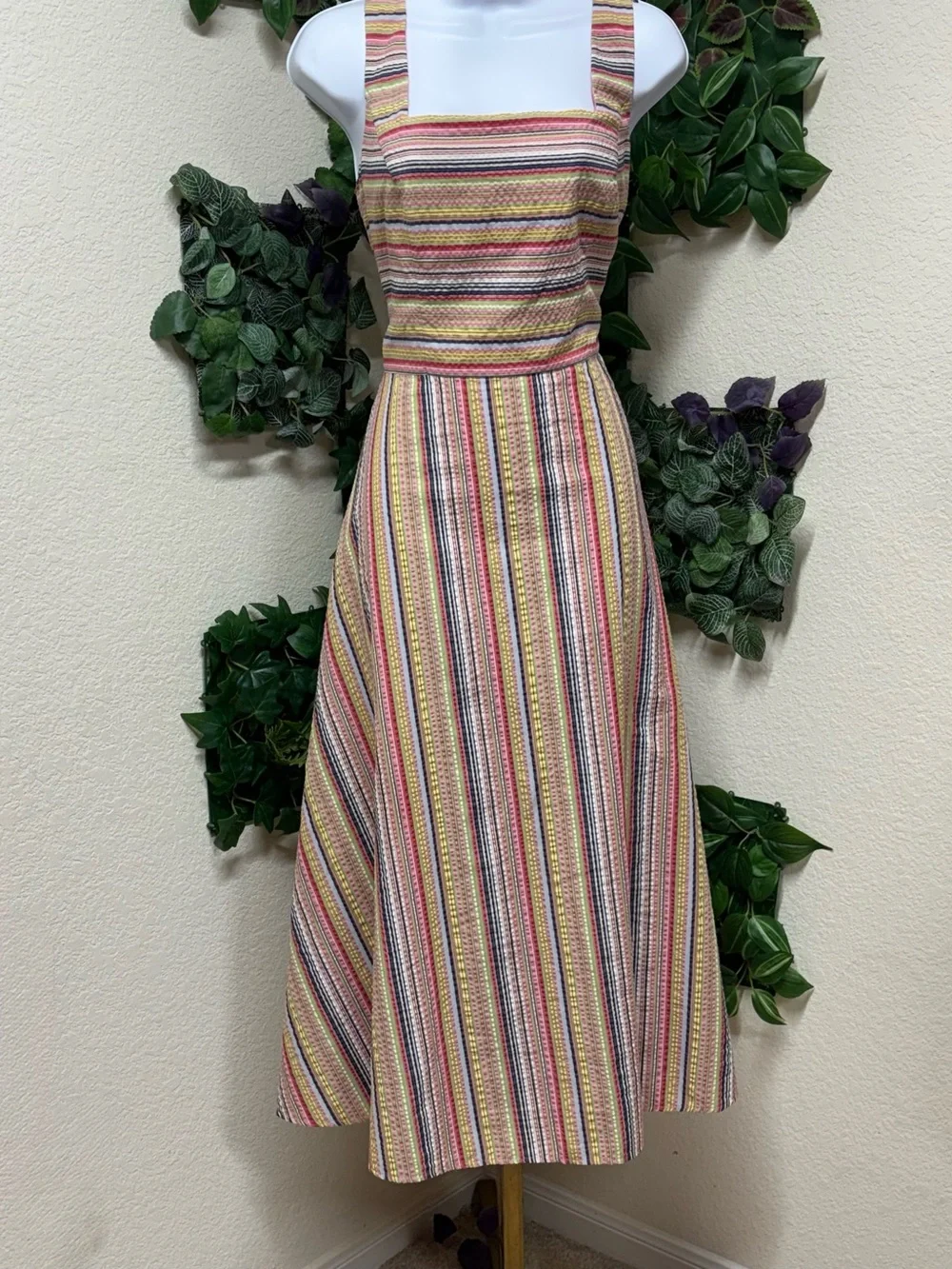 Vintage Talbots Multicolor Striped Square Neck Midi Dress Size 10